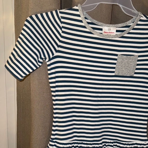 Hannah Anderson Navy Striped Kids/Girls Ruffled Dress w/Front Pocket Size 8 - Picture 2 of 16